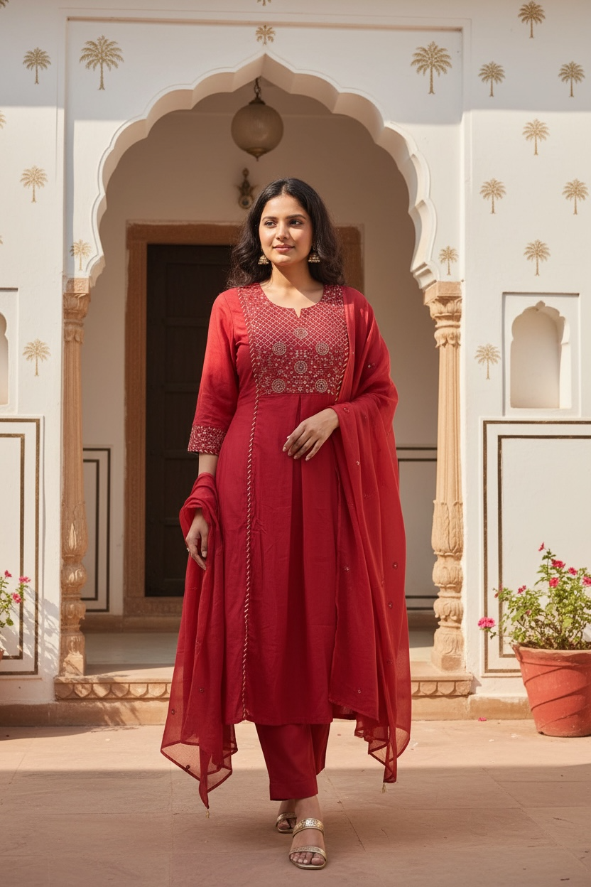 Red pari 3 piece kurta set Secondary image