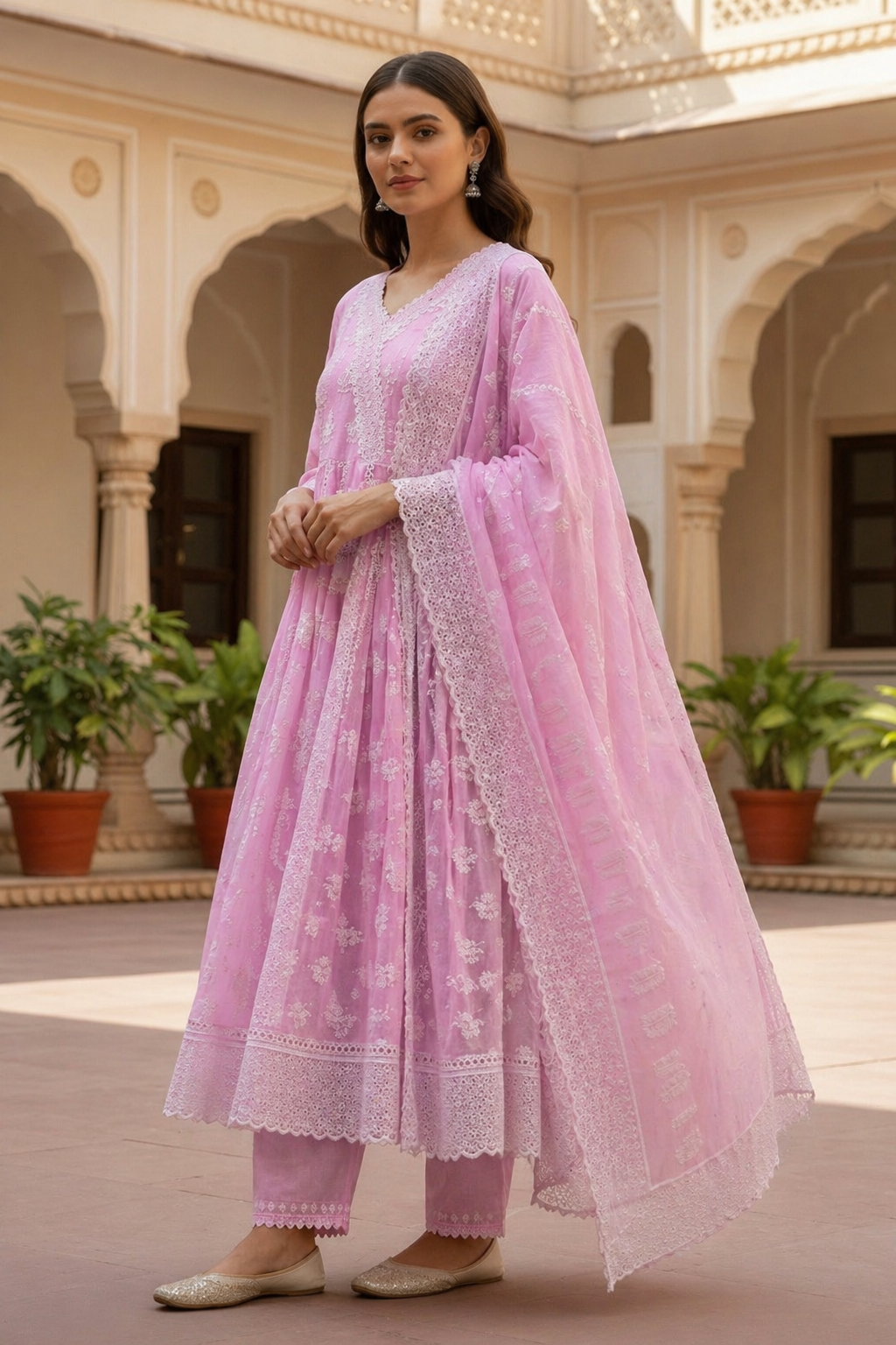 Pink Suhani Chikan Kari 3 piece suit set