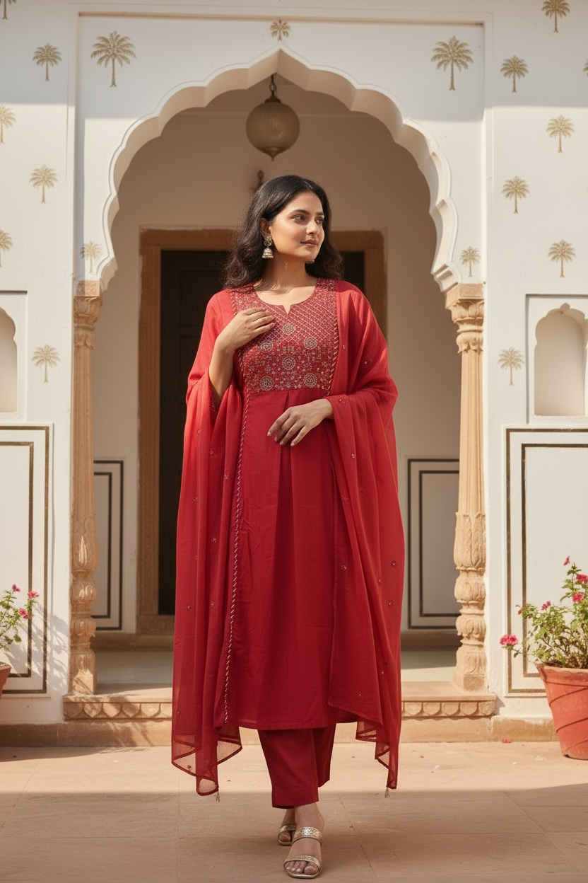Red pari 3 piece kurta set Main image