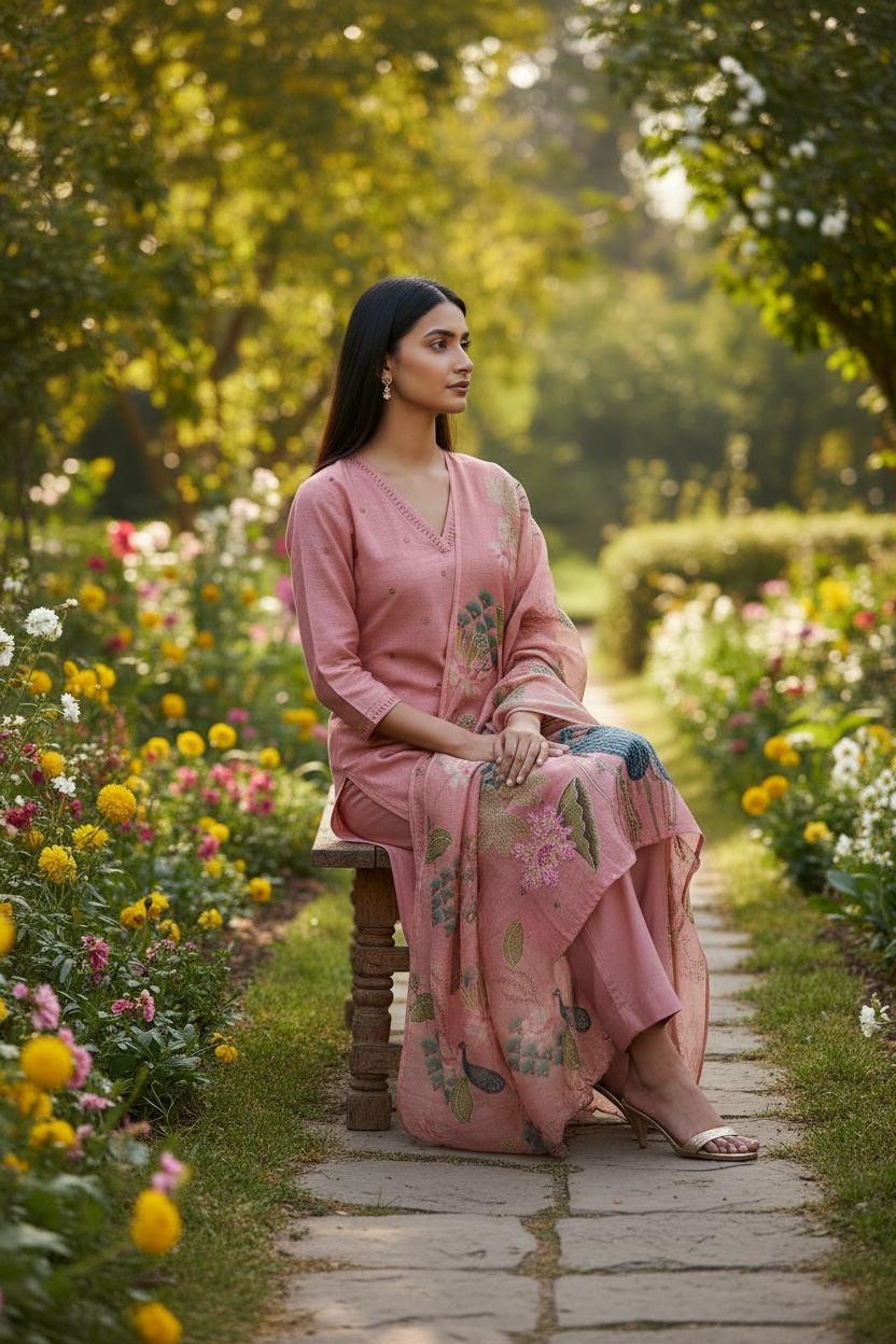 Pink peafowl 3 piece suit set