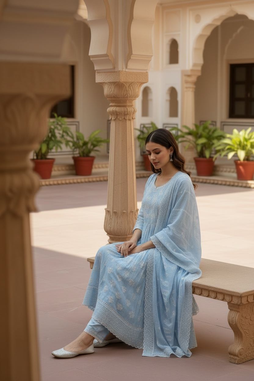 Powder blue Suhani Chikan Kari 3 piece suit set