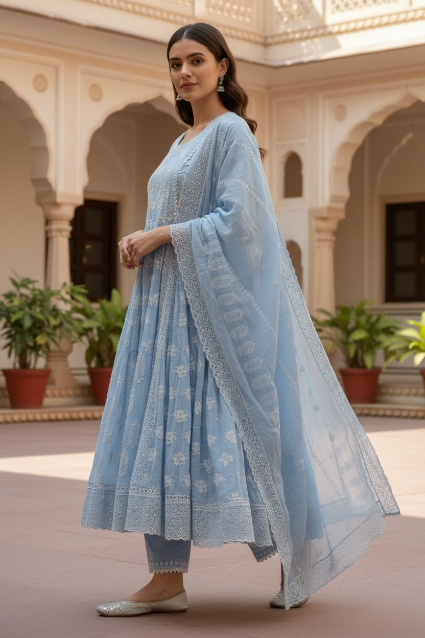 Powder blue Suhani Chikan Kari 3 piece suit set