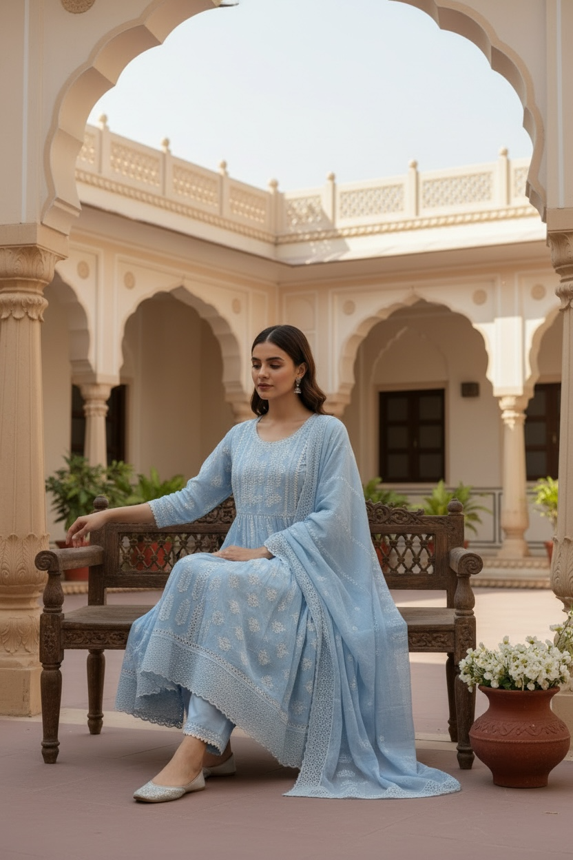Powder blue Suhani Chikan Kari 3 piece suit set